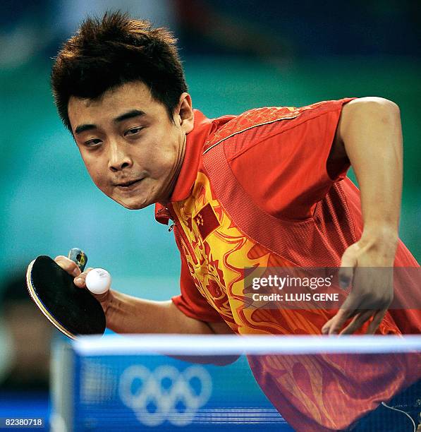 China's Wang Hao plays against South Korea's Ryu Seung Min during the men's team table tennis semi-final round of the 2008 Beijing Olympic Games at...