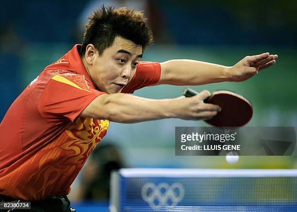 China's Wang Hao plays against South Korea's Ryu Seung Min during the men's team table tennis semi-final round of the 2008 Beijing Olympic Games at...