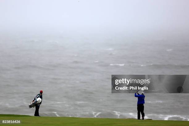 Sandy Lyle of Scotland in action during the second round of the Senior Open Championship presented by Rolex at Royal Porthcawl Golf Club on July 28,...