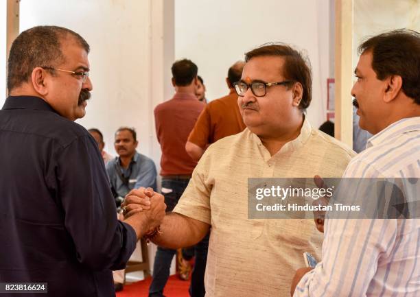 Jitendra Awhad, BJP MLA Prakash Mehta and Congress MLA Naseem Khan at Vidhan Bhavan on day 4 of the Monsoon Assembly Session, on July 27, 2017 in...