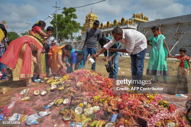 Hindu devotees make various religious offerings to an ant hill which is believed to be the abode of the serpent deity Adishesha at the Mukthi Naga...