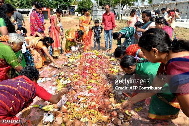 Hindu devotees make various religious offerings to an ant hill which is believed to be the abode of the serpent deity Adishesha at the Mukthi Naga...