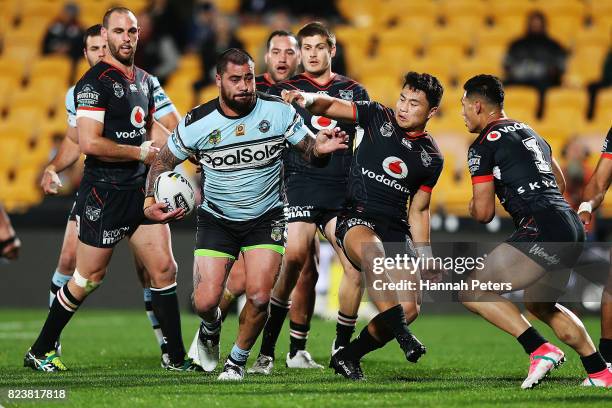 Andrew Fifita of the Sharks charges forward during the round 21 NRL match between the New Zealand Warriors and the Cronulla Sharks at Mt Smart...