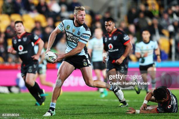 Matt Prior of the Sharks looks to pass the ball during the round 21 NRL match between the New Zealand Warriors and the Cronulla Sharks at Mt Smart...