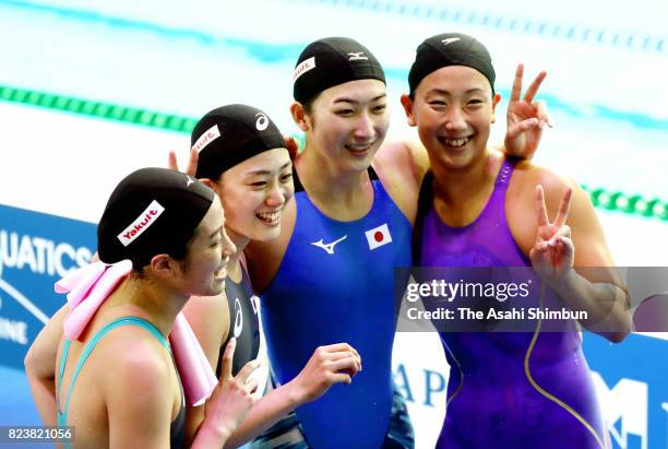 Japan members are seen after the Women's 4x200m Freestyle Relay final on day fourteen of the Budapest 2017 FINA World Championships on July 27, 2017...