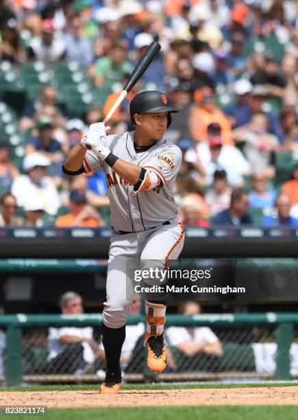 Jae-Gyun Hwang of the San Francisco Giants bats during the game against the Detroit Tigers at Comerica Park on July 6, 2017 in Detroit, Michigan. The...