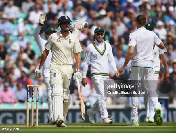 Alastair Cook of England is out lbw during day two of the 3rd Investec Test match between England and South Africa at The Kia Oval on July 28, 2017...