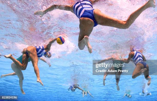 Team Australia competes against Team Greece during the Women's Water Polo Classification 7-8 on day fifteen of the Budapest 2017 FINA World...