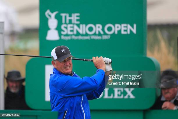 Sandy Lyle of Scotland in action during the second round of the Senior Open Championship presented by Rolex at Royal Porthcawl Golf Club on July 28,...