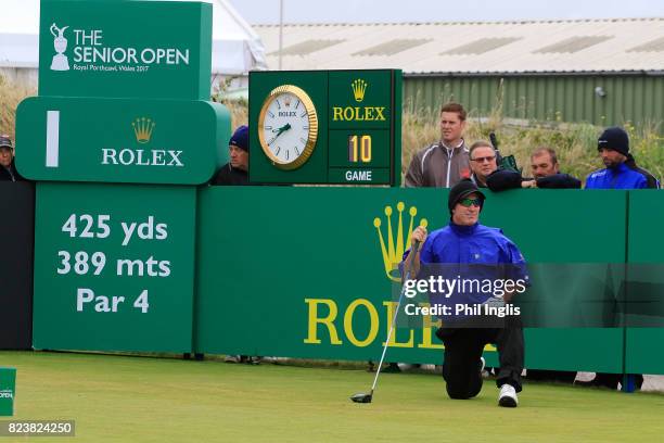 Peter Lonard of Australia in action during the second round of the Senior Open Championship presented by Rolex at Royal Porthcawl Golf Club on July...