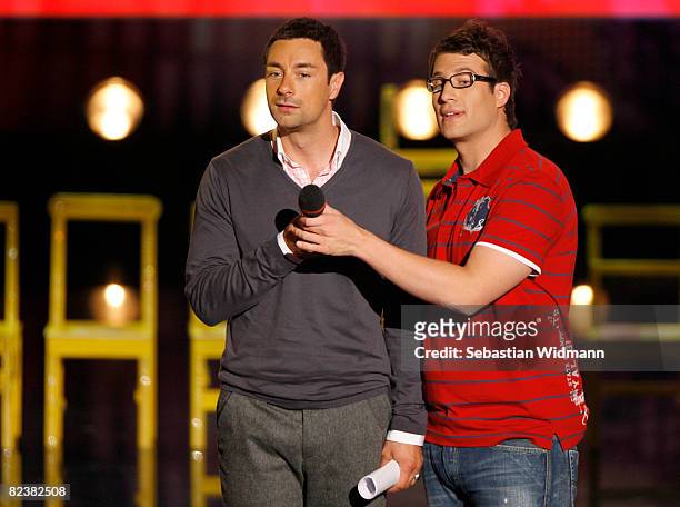 Marco Schreyl and Daniel Hartwich talk to the audience before the taping of the new TV show "The Supertalent" on August 16, 2008 in Hamburg, Germany.