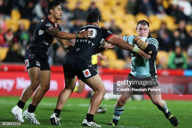 Paul Gallen of the Sharks charges forward during the round 21 NRL match between the New Zealand Warriors and the Cronulla Sharks at Mt Smart Stadium...