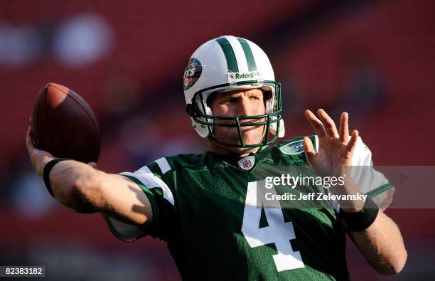 Brett Favre of the New York Jets warms up before a pre-season NFL game against the Washington Redskins at Giants Stadium August 16, 2008 at Giants...