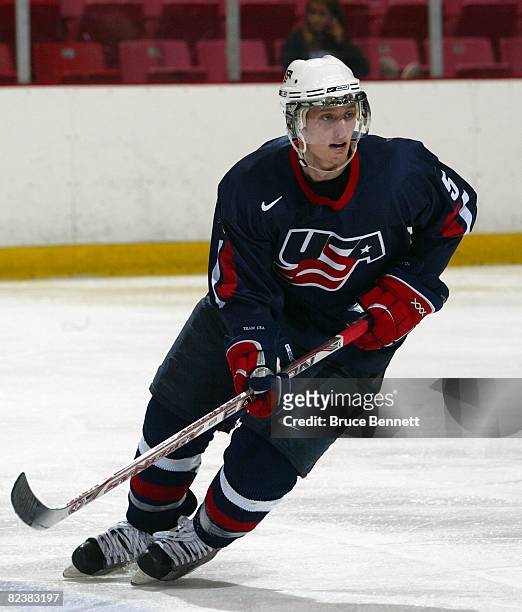 Rob Czarnik of Team USA skates against Team Finland at the USA Hockey National Junior Evaluation Camp on August 8, 2008 at the Olympic Center in Lake...