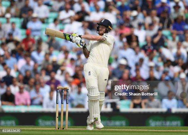 Ben Stokes of England plays a shot during day two of the 3rd Investec Test match between England and South Africa at The Kia Oval on July 28, 2017 in...