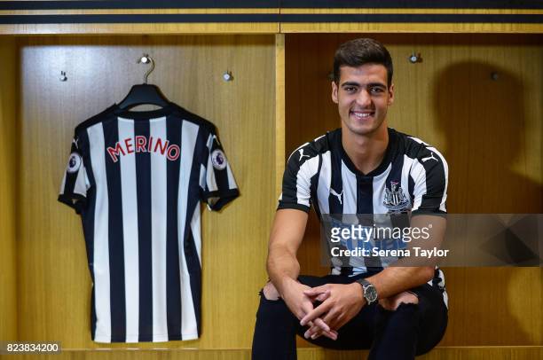 New signing Mikel Merino poses for photographs at St.James' Park on July 27 in Newcastle upon Tyne, England.