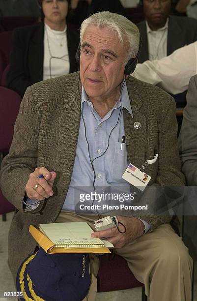 Former US House International Relations Committee Chairman Benjamin Gilman appears at a press conference February 17, 2001 in Cartagena, Colombia...