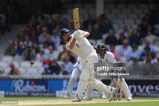 Jonny Bairstow of England hits a boundary during Day Two of the 3rd Investec Test match between England and South Africa at The Kia Oval on July 28,...