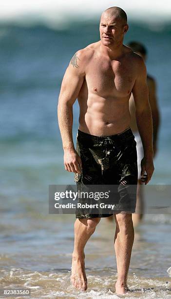 Barry Hall of the Swans walks out of the water during the Sydney Swans AFL Recovery Session at Clovelly on August 17, 2008 in Sydney, Australia.