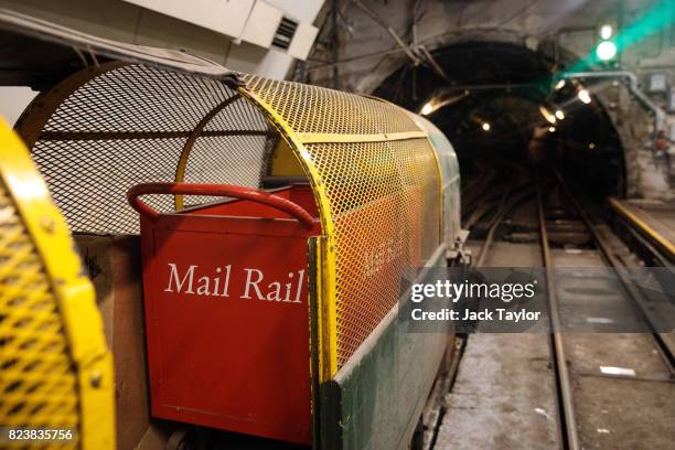 Mail Rail cart sits on the tracks by the underground eastbound station of Mount Pleasant Sorting Office on July 28, 2017 in London, England. The...