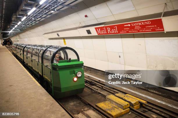 Mail Rail train driver Penelope Veck drives through the underground eastbound Mount Pleasant Sorting Office station on July 28, 2017 in London,...