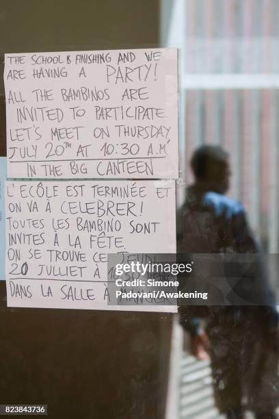 Sign tells that the school is ended for the "bambinos", the friendly name used for the unaccompanied minors between the asylum seekers, on July 27,...