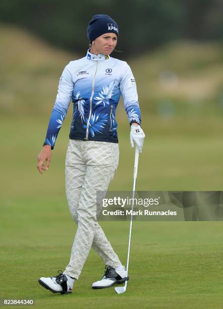 Klara Spilkova of Czech Republic plays her second shot to the 17th during the second day of the Aberdeen Asset Management Ladies Scottish Open at...