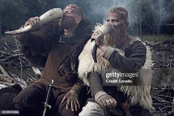 two authentic caucasian bearded viking warriors in outdoor forest setting - hunting horn stock pictures, royalty-free photos & images