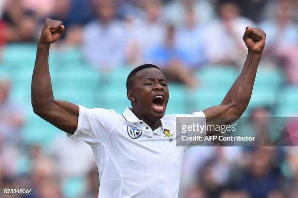 South Africa's Kagiso Rabada celebrates the wicket of England's Jonny Bairstow for 36 on the second day of the third Test match between England and...