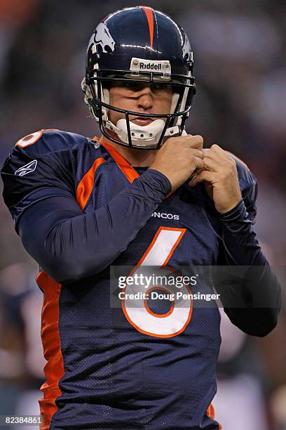 Quarterback Jay Cutler of the Denver Broncos takes the field against the Dallas Cowboys during preseason NFL action at Invesco Field at Mile High on...