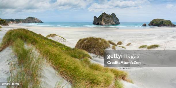 panoramic view of wharariki beach, new zealand - puponga stock pictures, royalty-free photos & images