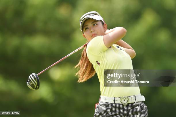 Saki Asai of Japan hits her tee shot on the 2nd hole during the third round of the LPGA Pro-Test at the Kosugi Country Club on July 27, 2017 in...