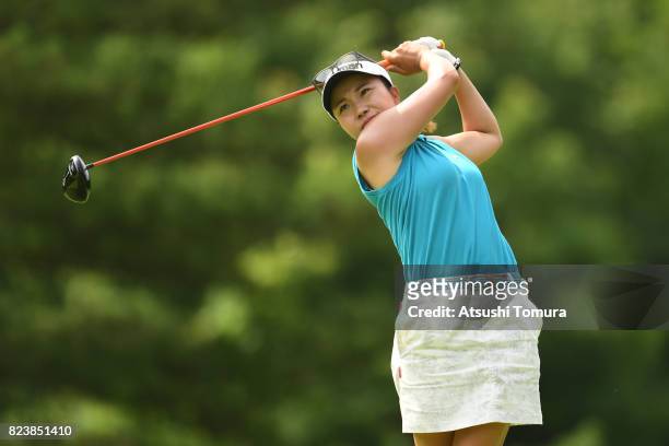 Riko Inoue of Japan hits her tee shot on the 2nd hole during the third round of the LPGA Pro-Test at the Kosugi Country Club on July 27, 2017 in...