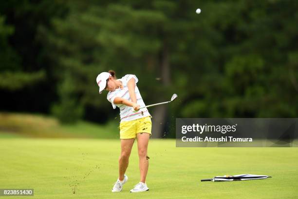 Minami Katsu of Japan hits her second shot on the 7th hole during the third round of the LPGA Pro-Test at the Kosugi Country Club on July 27, 2017 in...