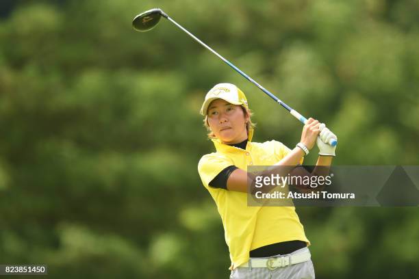 Seira Oki of Japan hits her tee shot on the 2nd hole during the third round of the LPGA Pro-Test at the Kosugi Country Club on July 27, 2017 in...