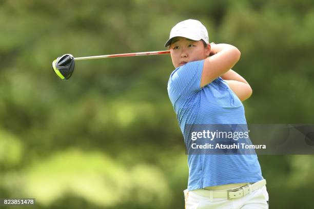 Mio Kotaki of Japan hits her tee shot on the 2nd hole during the third round of the LPGA Pro-Test at the Kosugi Country Club on July 27, 2017 in...