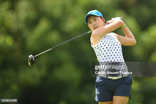 Rui Aratake of Japan hits her tee shot on the 2nd hole during the third round of the LPGA Pro-Test at the Kosugi Country Club on July 27, 2017 in...