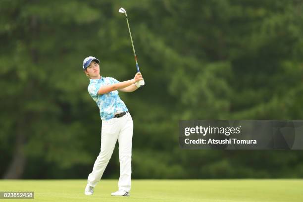 Nozomi Uetake of Japan hits her second shot on the 7th hole during the third round of the LPGA Pro-Test at the Kosugi Country Club on July 27, 2017...