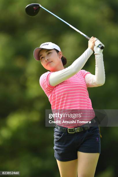 Sakura Koiwai of Japan hits her tee shot on the 2nd hole during the third round of the LPGA Pro-Test at the Kosugi Country Club on July 27, 2017 in...