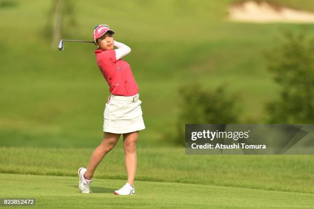 Miyu Nakai of Japan hits her second shot on the 1st hole during the third round of the LPGA Pro-Test at the Kosugi Country Club on July 27, 2017 in...