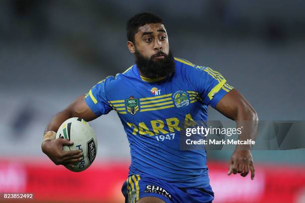 Michael Jennings of the Eels in action during the round 21 NRL match between the Parramatta Eels and the Brisbane Broncos at ANZ Stadium on July 28,...