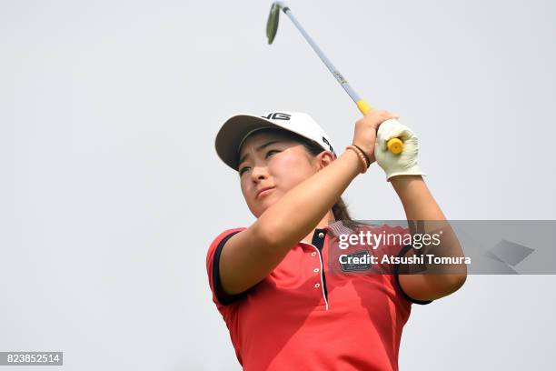 Momo Yoshikawa of Japan hits her tee shot on the 4th hole during the third round of the LPGA Pro-Test at the Kosugi Country Club on July 27, 2017 in...