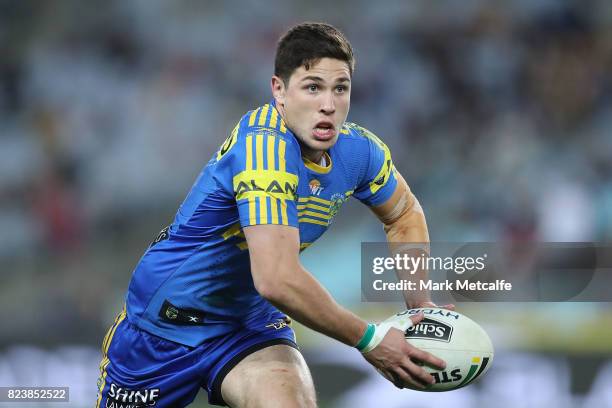 Mitchell Moses of the Eels in action during the round 21 NRL match between the Parramatta Eels and the Brisbane Broncos at ANZ Stadium on July 28,...