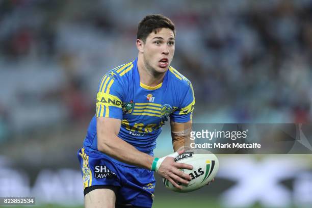 Mitchell Moses of the Eels in action during the round 21 NRL match between the Parramatta Eels and the Brisbane Broncos at ANZ Stadium on July 28,...