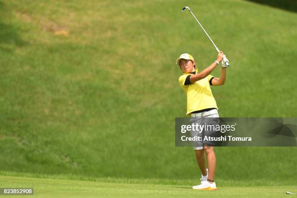 Seira Oki of Japan hits her second shot on the 8th hole during the third round of the LPGA Pro-Test at the Kosugi Country Club on July 27, 2017 in...