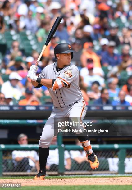 Jae-Gyun Hwang of the San Francisco Giants bats during the game against the Detroit Tigers at Comerica Park on July 6, 2017 in Detroit, Michigan. The...