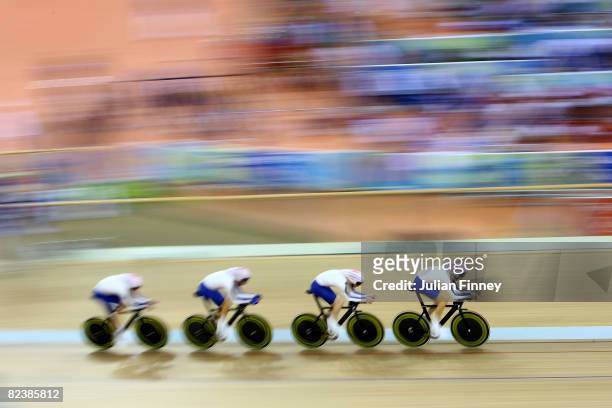 Ed Clancy, Paul Manning, Geraint Thomas and Bradley Wiggins of Great Britain compete during qualifying for the men's team pursuit track cycling event...