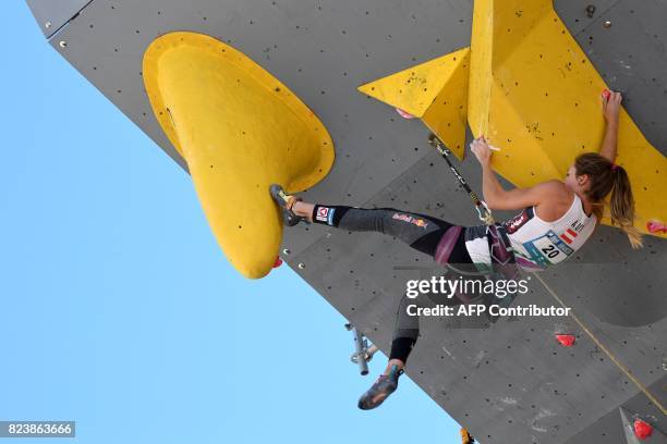Austria's Jessica Pilz climbs during the semi-final of 2017 International Federation of Sport Climbing Climbing World Cup in Briançon on July 28,...