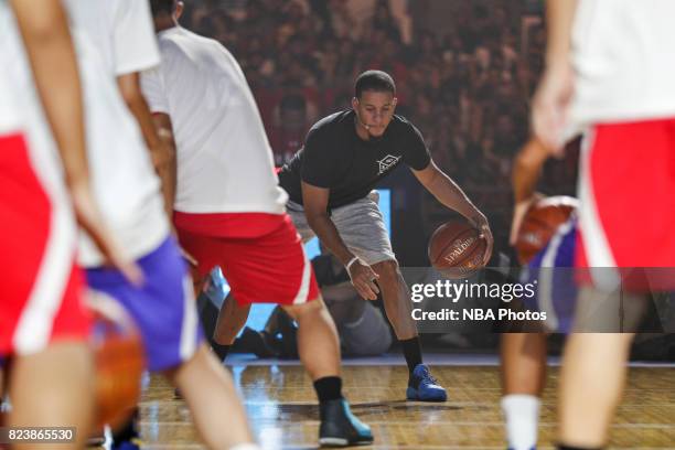 Stephen Curry of the Golden State Warriors and Seth Curry of the Dallas Mavericks host a Jr. NBA Clinic to celebrate 30 Elites Day at the Beijing...