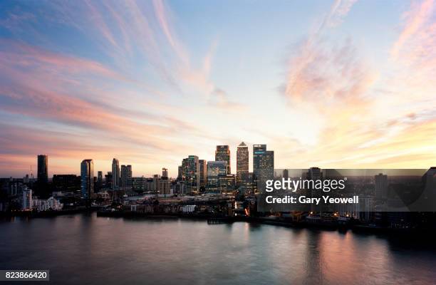 aerial view over canary wharf skyline in london - london skyline fotografías e imágenes de stock